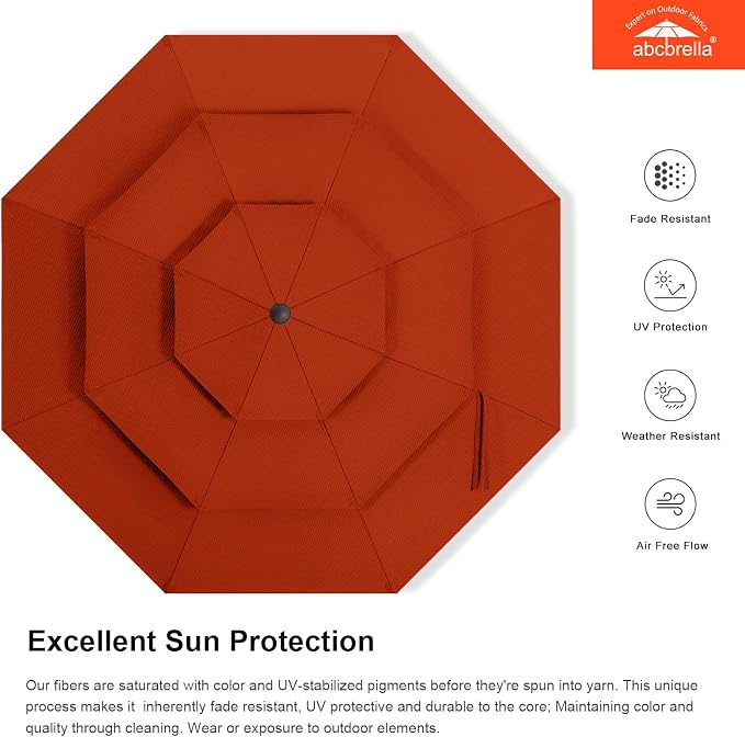 ABCCANOPY 9FT 3-Tier OLEFIN® Patio Umbrella, 5-Year No Fading, Orange | Heavy Duty Fade-Resistance Outdoor Table Umbrella, 8 Sturdy Ribs, Tilt, Crank for Deck, Backyard, Garden, Yard, Pool