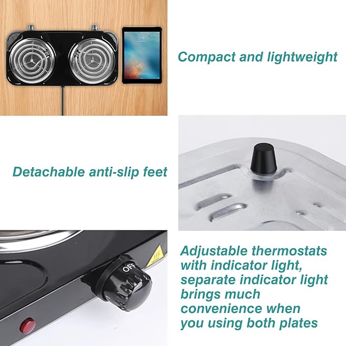Electric Hot Plate,2000W Portable Electric Stove Countertop Double Coil Burners W/Dual Control&5 Level Temperature Control, Easy to Clean,Lightweight Cast Iron Countertop Stove for Home Camp RV 110V