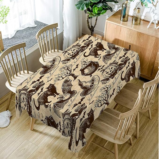 Moslion Tablecloth Halloween Pattern Retro Vintage Style Animal Cat Pumpkin Owl Bat Witch Hat Tree Season Tablecloth for Fall Harvest Thanksgiving Christmas Wedding Anniversary 60x90 Inch