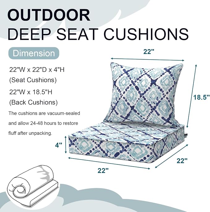 DYTXIII Outdoor Deep Seat Cushion Set, Water Repellent 22"x22" Patio Thick Cushions Replacement with Seat & Back Pillow for Patio Sofa, Wicker Chair, Couch - Boho Geometry Blue