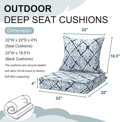 DYTXIII Outdoor Deep Seat Cushion Set, Water Repellent 22"x22" Patio Thick Cushions Replacement with Seat & Back Pillow for Patio Sofa, Wicker Chair, Couch - Boho Geometry Blue