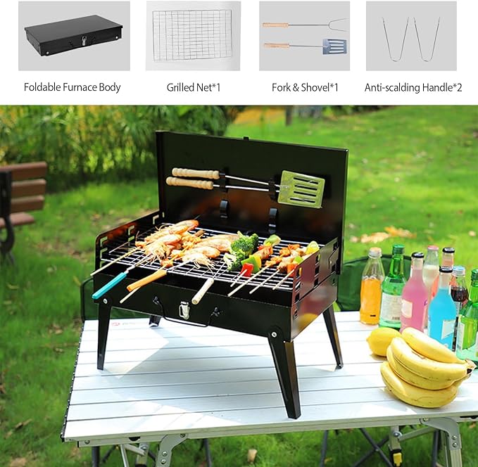 KOCASO New Portable Charcoal Grill, 3 Adjustable Heights, Foldable BBQ Grill for Outdoor Camping, Picnic, and Tailgating - Small Tabletop Grill Mini BBQ Grill, Compact and Easy to Clean Barbecue Grill