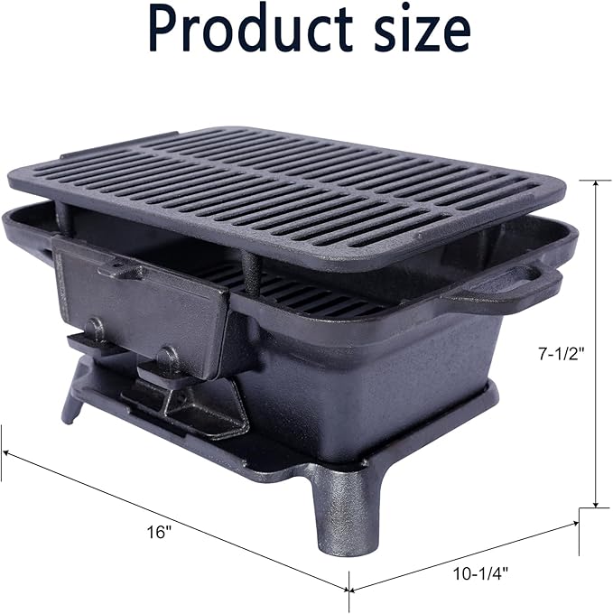 Cast Iron Hibachi Grill & Skillet Combo, Portable Charcoal Hibachi Grills, Compact Camping Charcoal Cooker for Tailgating, Picnics & Hunting (B)