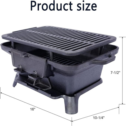 Cast Iron Hibachi Grill & Skillet Combo, Portable Charcoal Hibachi Grills, Compact Camping Charcoal Cooker for Tailgating, Picnics & Hunting (B)