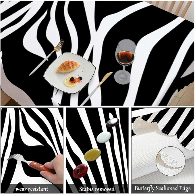 Swono Zebra Stripes 52"X70" Oblong Table Cloth Animal Skin Black and White Zebra Print Wrinkle Free Table Cover Farmhouse Tablecloth for Home Restaurant Picnic Indoor Outdoor Dining