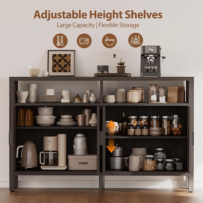 Rattan Buffet Cabinet with Storage, Sideboard with Doors, Console Table, Farmhouse Coffee Bar, Modern Wood Storage Cabinets(Brown Black 2.0)