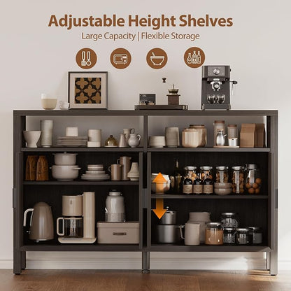 Rattan Buffet Cabinet with Storage, Sideboard with Doors, Console Table, Farmhouse Coffee Bar, Modern Wood Storage Cabinets(Brown Black 2.0)
