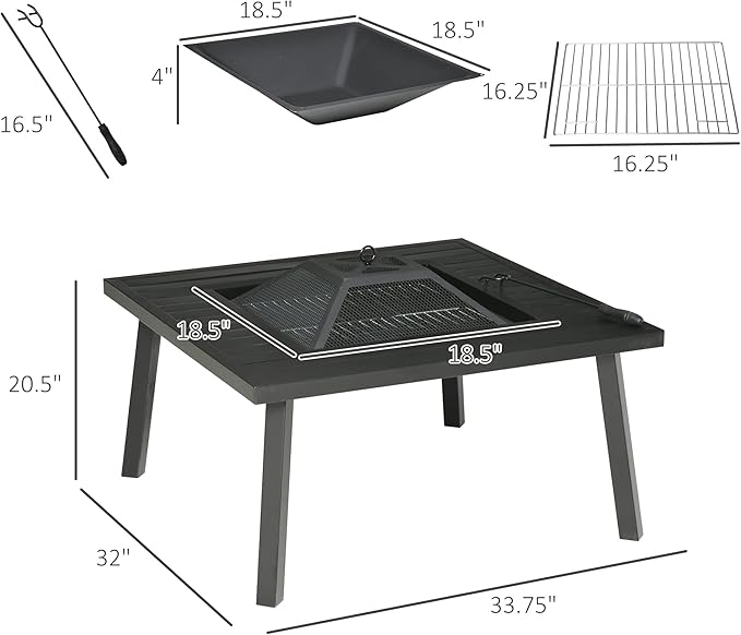 Outsunny 34" Fire Pit with Grill, Metal Outdoor Wood Burning Firepit with Spark Screen, Fire Poker, Cover, Table Lip, Black
