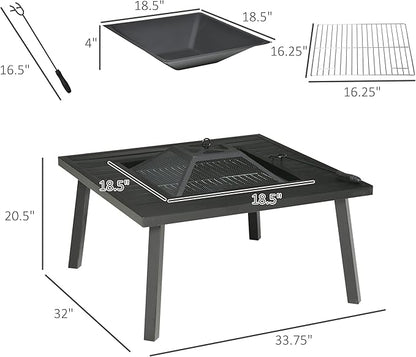 Outsunny 34" Fire Pit with Grill, Metal Outdoor Wood Burning Firepit with Spark Screen, Fire Poker, Cover, Table Lip, Black