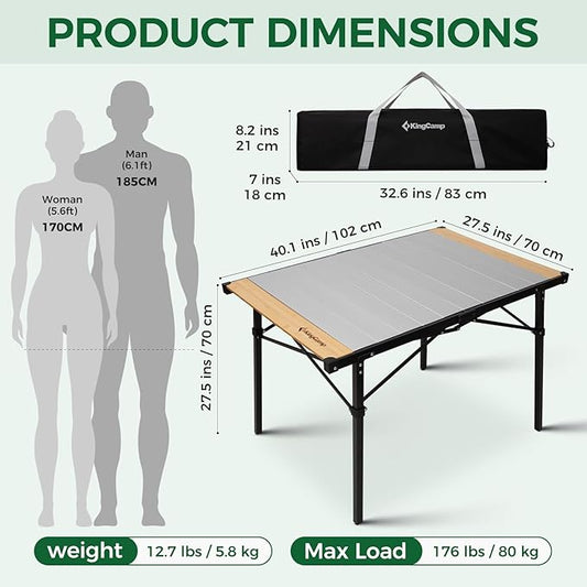 KingCamp Folding Camping Table, Aluminum Roll-Up Camp Table, Large Foldable Table for 4-6 Person, Outdoor Portable Tables with Carry Bag, 176 LBS Heavy Duty Load (Bamboo：40.16“x27.5”，4-6 People)