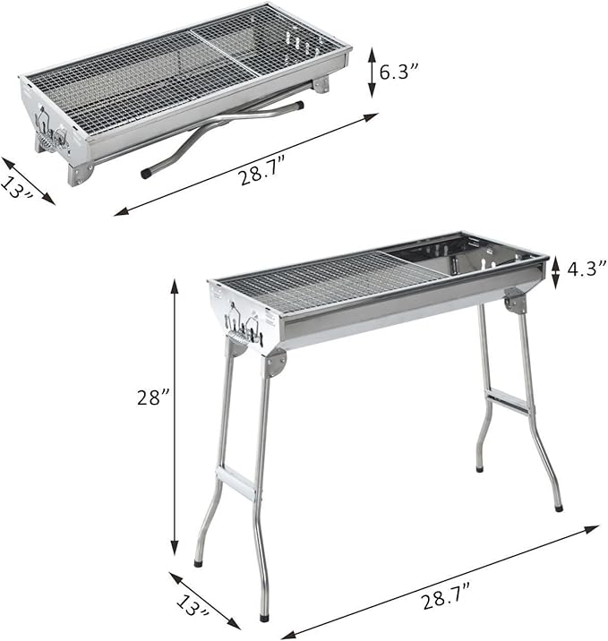 Ni-shore Charcoal Barbecue Grill Stainless Steel Folding BBQ Camping Grill for Shish Kabob, 28inch, Silver