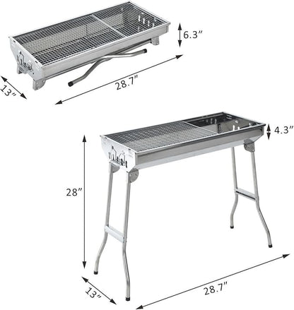 Ni-shore Charcoal Barbecue Grill Stainless Steel Folding BBQ Camping Grill for Shish Kabob, 28inch, Silver