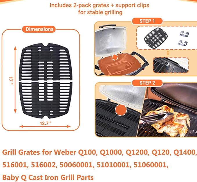 Uniflasy 7644 Cast Iron Cooking Grates for Weber Q100, Q1000, Q120, Q1200, Q1400, 516001, 516002, 50060001, 51010001, 51060001, Baby Q Gas Grill, 2 Pack