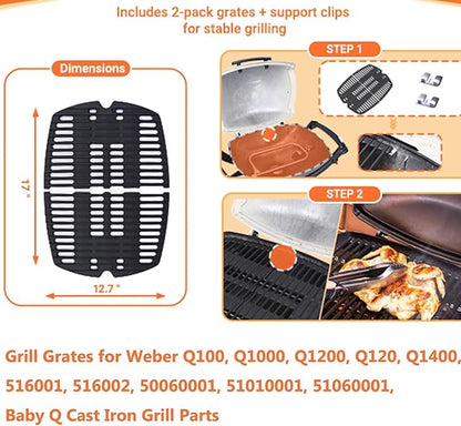 Uniflasy 7644 Cast Iron Cooking Grates for Weber Q100, Q1000, Q120, Q1200, Q1400, 516001, 516002, 50060001, 51010001, 51060001, Baby Q Gas Grill, 2 Pack