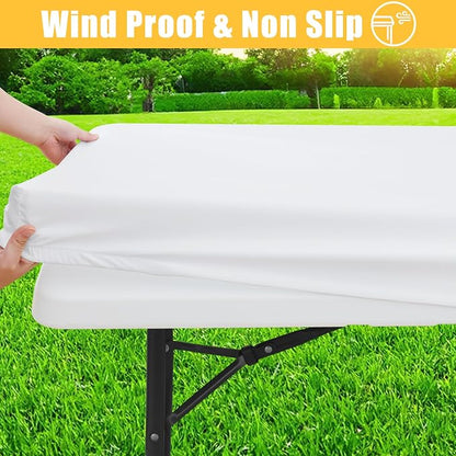 Rectangle Table Cloth, Waterproof Elastic Fitted Tablecloth for 5 Foot Folding Tables, Washable Polyester Tablecloths for Picnic, Camping, Outdoor (White, 30"x60")