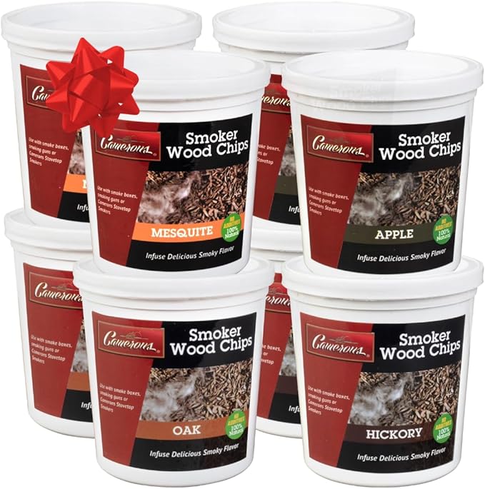 Camerons All Natural Extra Fine Cut BBQ Wood Chips - 2 Alder, 2 Cherry, 2 Oak, 2 Hickory (8 Pints, 0.473L ea)- Sawdust Shavings for Smoking Guns, Smokers, Smoke Boxes, Grill- Barbecue Variety Gift Set