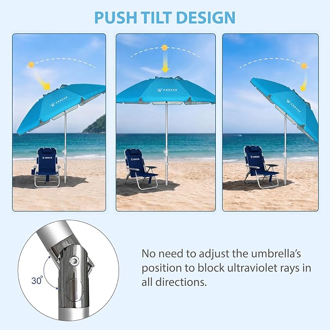 AMMSUN 6.5ft Twice Folded Portable beach umbrella with Sand Anchor Windproof Tilt Pole Air vent UPF 50+ Protection Fits in a large Suitcase Compact For Travel Patio Garden Pool Backyard Sky Blue