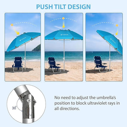 AMMSUN 6.5ft Twice Folded Portable beach umbrella with Sand Anchor Windproof Tilt Pole Air vent UPF 50+ Protection Fits in a large Suitcase Compact For Travel Patio Garden Pool Backyard Sky Blue