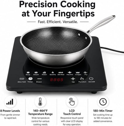 Portable Induction Cooktop, 110V Countertop Single Burner - 8 Power | 8 Power Settings, LCD Touch Control, 180-Min Timer, Preset Cooking, Compact Hot Plate for Kitchen, Dorm, RV