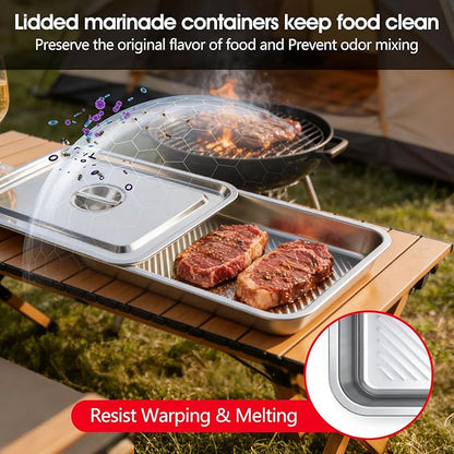 7-in-1 Grill Carry System, Stainless Steel Grill Prep Trays | Large Lidded Marinating Containers, Cutting Board, 2 Food Storage Containers with Lids, Stackable BBQ Gifts for Men