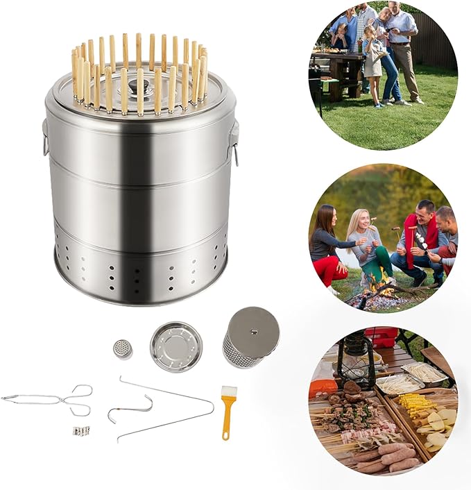 Vertical Charcoal BBQ Grill Set, Portable Stainless Steel Smokeless Hanging Grill for Outdoor Camping, Picnic & Party – 20 & 28 Skewers Options (28 Skewers)