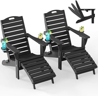 Ciokea Folding Adirondack Chair Set of 2 with Retractable Ottoman Fire Pit Patio Chair with Pull Out Foot Rest Weather Resistant Lawn Outdoor Chair with 2 Cup Holder (Black)