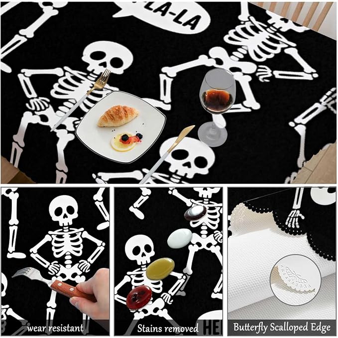 Swono Skeletons Tablecloth Funny Halloween Skulls Different Poses Decorative Table Cover for Kitchen, Party Banquet and Holiday Tablecloth, 52x70 Inch(4-6 Seats), Black