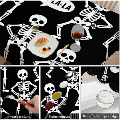 Swono Skeletons Tablecloth Funny Halloween Skulls Different Poses Decorative Table Cover for Kitchen, Party Banquet and Holiday Tablecloth, 52x70 Inch(4-6 Seats), Black