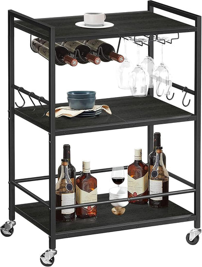 TUTOTAK Bar Cart with Wheels, Drink Cart with Wine Rack and Glass Holder | 3-Tier 23.7 Inch Wide Home Bar Serving Carts, Small Mobile Kitchen Shelf with 6 Hooks, Black BC01BK030