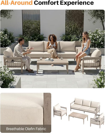 4-Piece Patio Furniture Set, Never-Rust Aluminum Patio Conversation Set, Outdoor Sofa Set with Faux Wood Grain Finish, Rope Weave Patio Sofa Set with Coffee Table for Backyard, Poolside, Deck