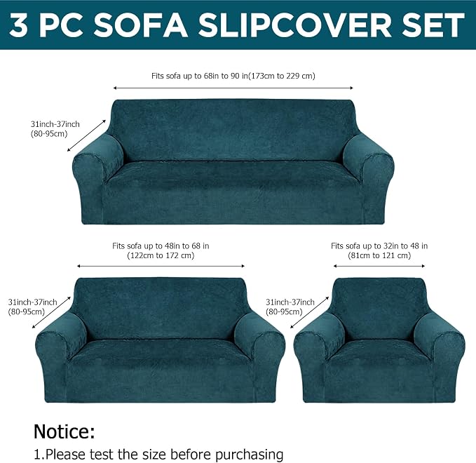 Peryiter 3 Pcs Couch and Loveseat Sofa Covers,Deep Teal,Velvet | Armchair Covers for Living Room, Sofa Cushion Slipcover, Furniture Protector, Polyester and Spandex, Washable
