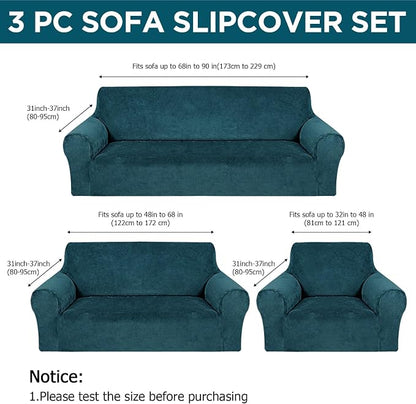 Peryiter 3 Pcs Couch and Loveseat Sofa Covers,Deep Teal,Velvet | Armchair Covers for Living Room, Sofa Cushion Slipcover, Furniture Protector, Polyester and Spandex, Washable
