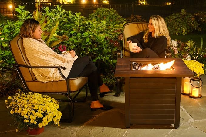 Endless Summer Bronze Finished Black Steel Base with Dark Wood Mantel Spencer LP Gas Outdoor Fire Pit, Comes with Black Fire Glass, Table Insert, and Protective Cover