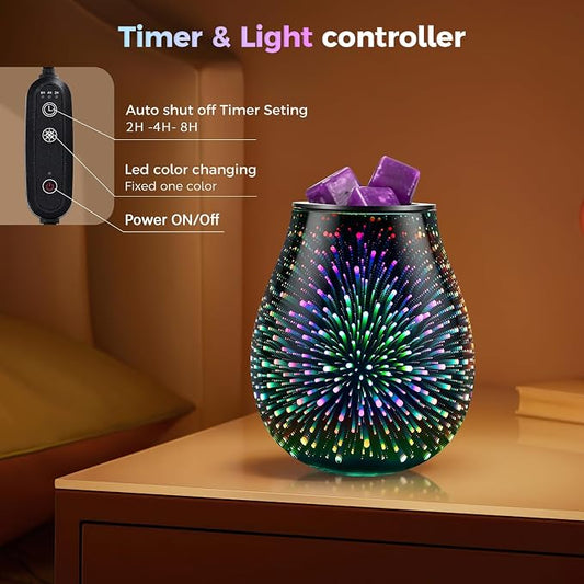 Inrorans Glass Electric Wax Melt Warmer Oil Burner with Stable Heating PTC Reusable Silicone Tray 7 Colorful Changing Led Light Night Light Scent Warmer for Home Fragrance Warmers-Fireworks Timer