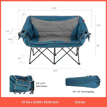 ARROWHEAD OUTDOOR 57 in Wide Duo Foldable Heated Camping Loveseat Chair | 57 in, 3-Stage Heating, Large Cup Holders, Glass Holders, Side Pockets, and Storage Pouches, and Grey, Beach, Tailgating