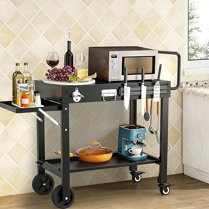 Portable Grill Table for Blackstone Griddle, Outdoor Grill Cart with Wheels, Griddle Stand Fit 17 Inch 22 Inch Ninja Griddle, Folding Table with Caddy for Outside Patio, Kitchen Cooking Prep Table