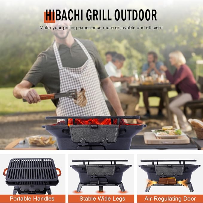 Portable Cast Iron Hibachi Grill - Pre-Seasoned Charcoal Grills, Double-Sided Grate & Adjustable Air Vents, BBQ for Camping, Backyard, Tailgating (Rectangle)