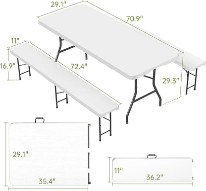 Real Relax 6' Picnic Table with 2 Benches, 3 Piece White Portable HDPE Folding Camping Table and Benches for Courtyard, Garden, Outdoor Leisure, Party