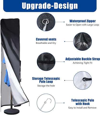 420D Waterproof Outdoor Patio Umbrella Cover with Top Vent,Push Rod,Waterproof Zipper,Parasol Cover,Outdoor Umbrella Cover fits 7 to 11 Ft Garden Outdoor Umbrellas & 15 Ft Double-Sided Umbrellas