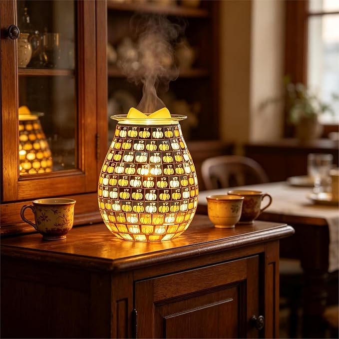Dicimi Pumpkin Wax Melt Warmer, Handmade Mosaic Glass Wax Warmer with Flameless Night Light, Fast Heating Fall Harvest Decor, Cozy Home Ambiance