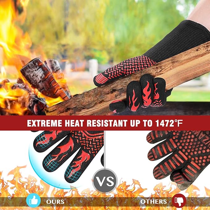 HAMITOR BBQ Grill Gloves : 1472 ℉ High Temp Resistance Fireproof Glove for Grilling Barbecue - Washable Long Silicone Oven Mitts Extreme Hot Proof Mittens for Kitchen Cooking Baking