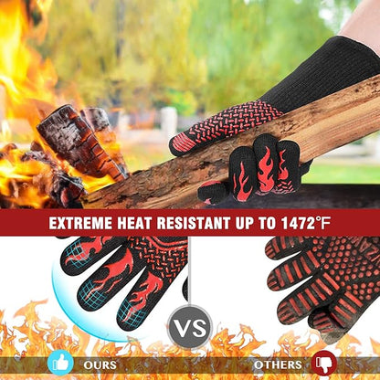 HAMITOR BBQ Grill Gloves : 1472 ℉ High Temp Resistance Fireproof Glove for Grilling Barbecue - Washable Long Silicone Oven Mitts Extreme Hot Proof Mittens for Kitchen Cooking Baking