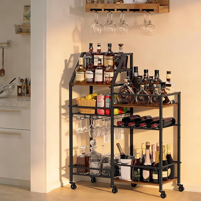 VINAEMO Rolling Bar Cart with Wine Glass Holder, Bar Carts for The Home, Bar Stand for Home, Small Mini Bar for Whiskey Wine, Liquor Cart for Home Bar, Alcohol Cabinet for Bar, Kitchen, Dining Room