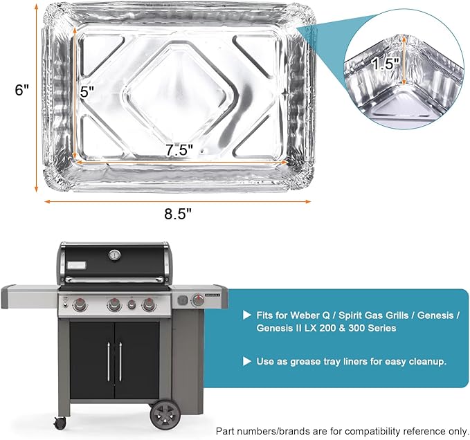 25 Pack Aluminum Drip Pans & 4 Pack Grill Cleaning Pumice Bricks with Handle, Compatible with Weber Spirit, Genesis, Traveler, Q Series, Disposable Foil Grease Trays, for BBQ/Camping
