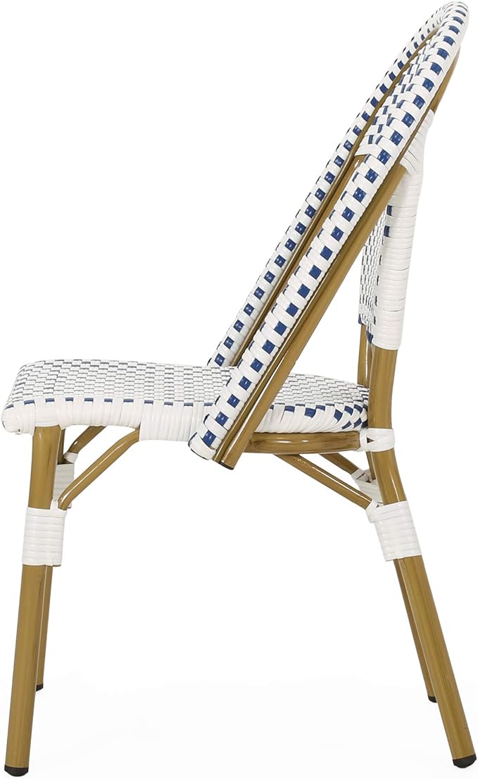 Christopher Knight Home Philomena Outdoor French Bistro Chair (Set of 2), Blue + White + Bamboo Print Finish