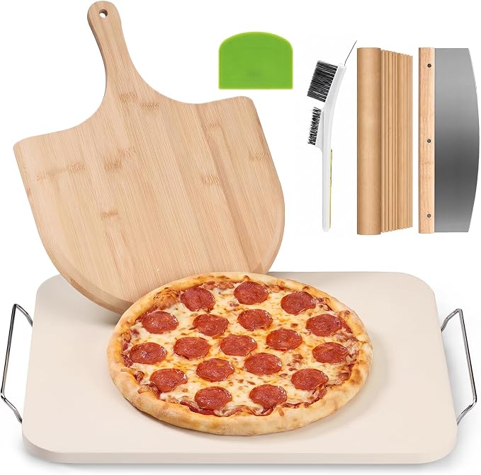 JEETEE Cordierite Pizza Stone Set, 15x12 Inch Baking Stone for Oven & Grill | Rectangular Baking Stone, Crispy Crust Results, For Homemade Pizza & Bread & BBQ, 6PCS Pizza Cooking Stone Set