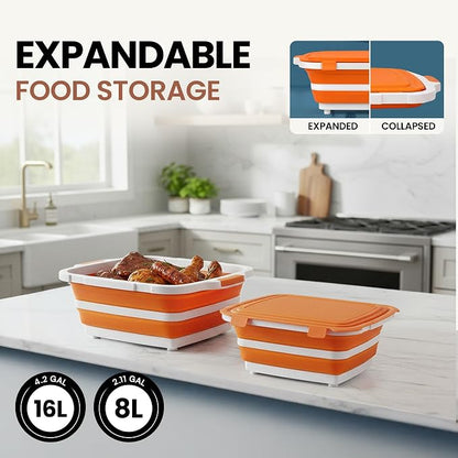 BBQ Prep Tub 2 Pack (8L+16L) - Multifunctional Collapsible Camping Cutting Board with Upgraded Locking Lid, Meal Prep Meat Storage Container Perfect for Grilling, Outdoor (Large + XL)