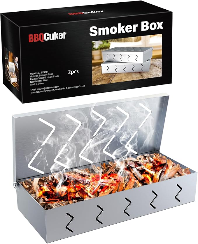 BBQCuker 2 Pack Grill Smoker Box, Stainless Steel Food Safe, Works with Wood Chips Smoked BBQ Flavor, Hinged Lid,Warp Free Grill Accessories (2, 9x4)