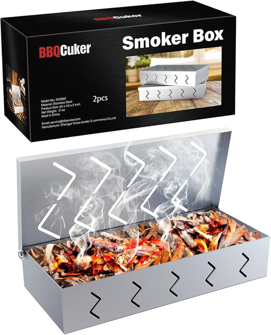 BBQCuker 2 Pack Grill Smoker Box, Stainless Steel Food Safe, Works with Wood Chips Smoked BBQ Flavor, Hinged Lid,Warp Free Grill Accessories (2, 9x4)