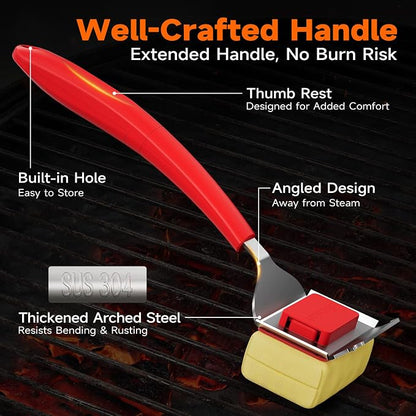 Bristle-Free Grill Brush Head, Heat-Resistant Kevlar Fiber Head, Red Head | Steam Cleaning, Replaceable No-Wire Head, 17" Handle, 4-in-1 Scraper, for Porcelain/Ceramic/Stainless Steel/Cast Iron Grate